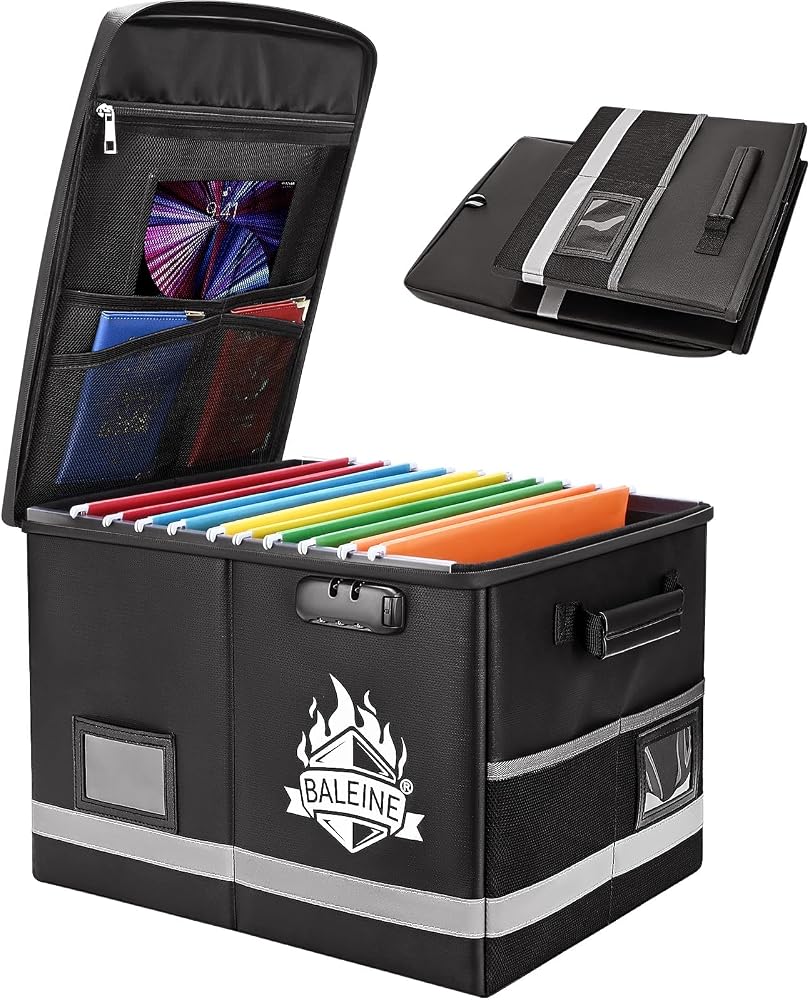 BALEINE Fireproof Document Box with Lock, Portable Fireproof Document Bag Waterproof Fire Proof File Boxes for Documents, File Organizer Box for Important Paperwork (Black, 16''x12.5''x11.5'')